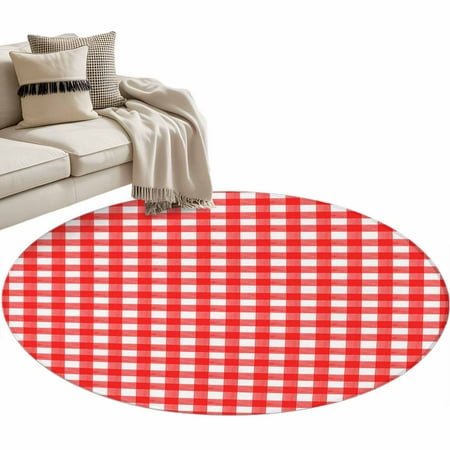 Round Rugs 3 Ft, Red Non Slip Area Rugs for Kitchen Bedroom Entryway, Country French Rustic Buffalo Plaid Modern Art Washable Carpet Runner Rug Floor Mats for Bedroom Home Decor