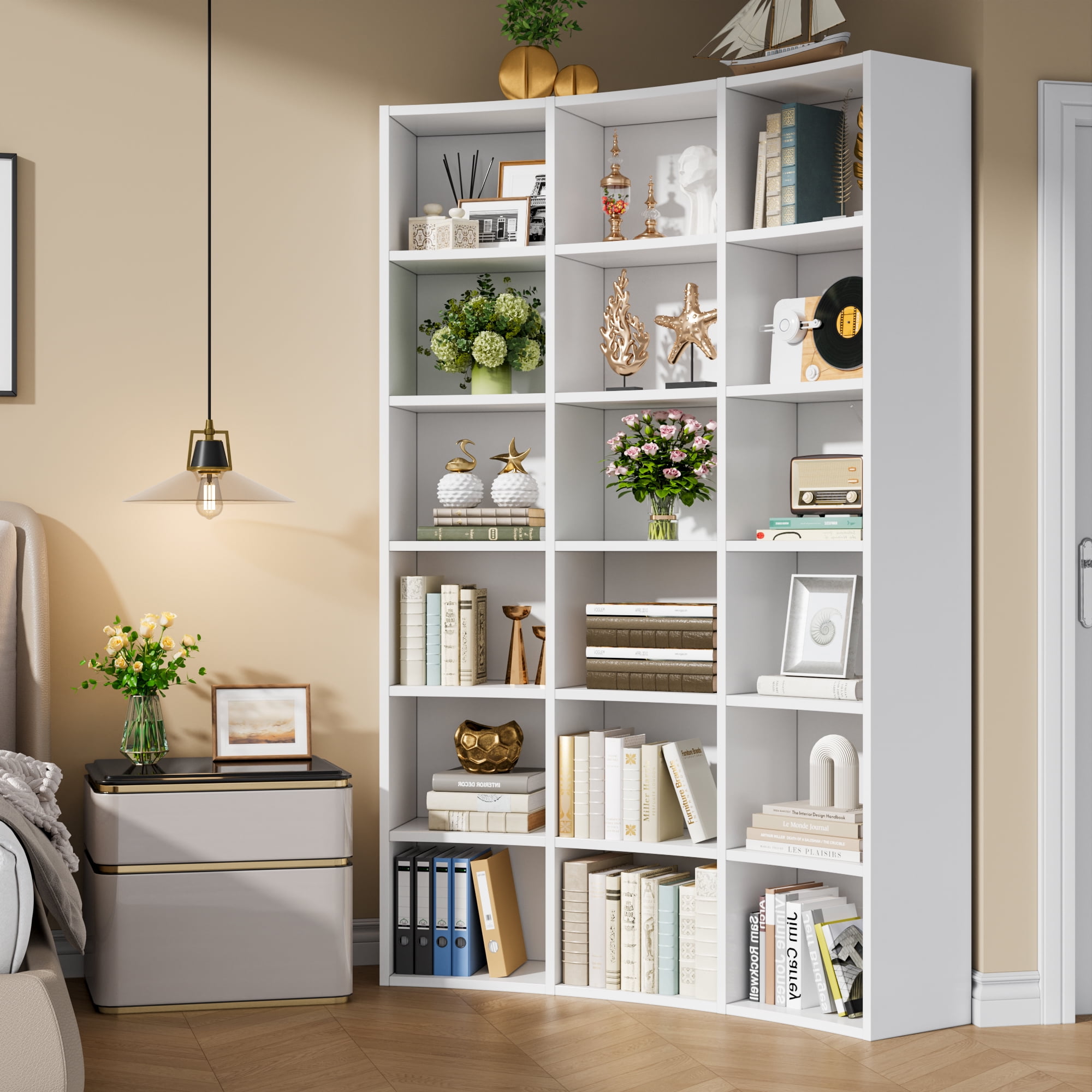 Cikuso 71" Triple Width Bookcase, 18-Cube Curved Bookshelf Corner Bookcase, Curve Shape Display Storage Shelf for Living Room, Home Office, White