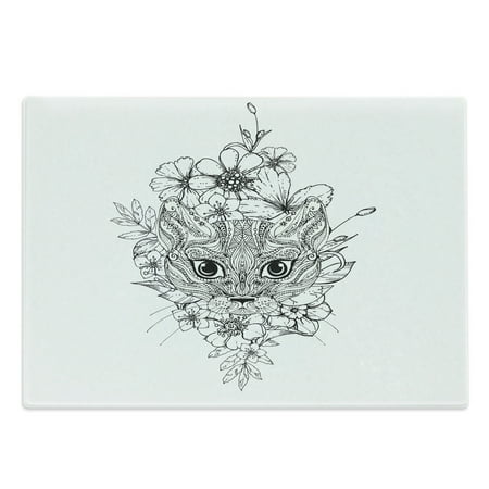 

Cat Cutting Board Abstract Hand Drawn Image of a Cat with Elements from Many Cultures Flowers Lines Decorative Tempered Glass Cutting and Serving Board Large Size Black White by Ambesonne