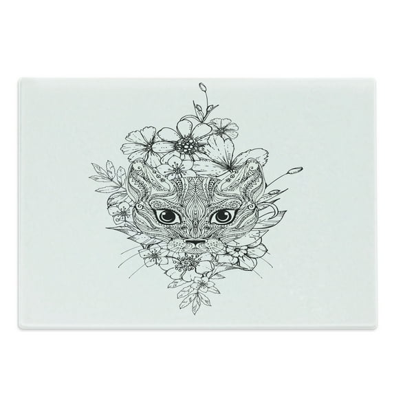 Cat Cutting Board, Abstract Hand Drawn Image of a Cat with Elements from Many Cultures Flowers Lines, Decorative Tempered Glass Cutting and Serving Board, Large Size, Black White, by Ambesonne
