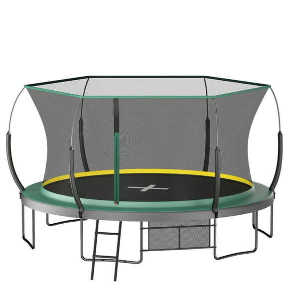 14FT Springfree no Gap Trampoline with Enclosure Net and Ladder, Recreational Trampolines with Shoes Bag, No-Gap Design Zipper System for Kids Adults Outdoor Yard, Green
