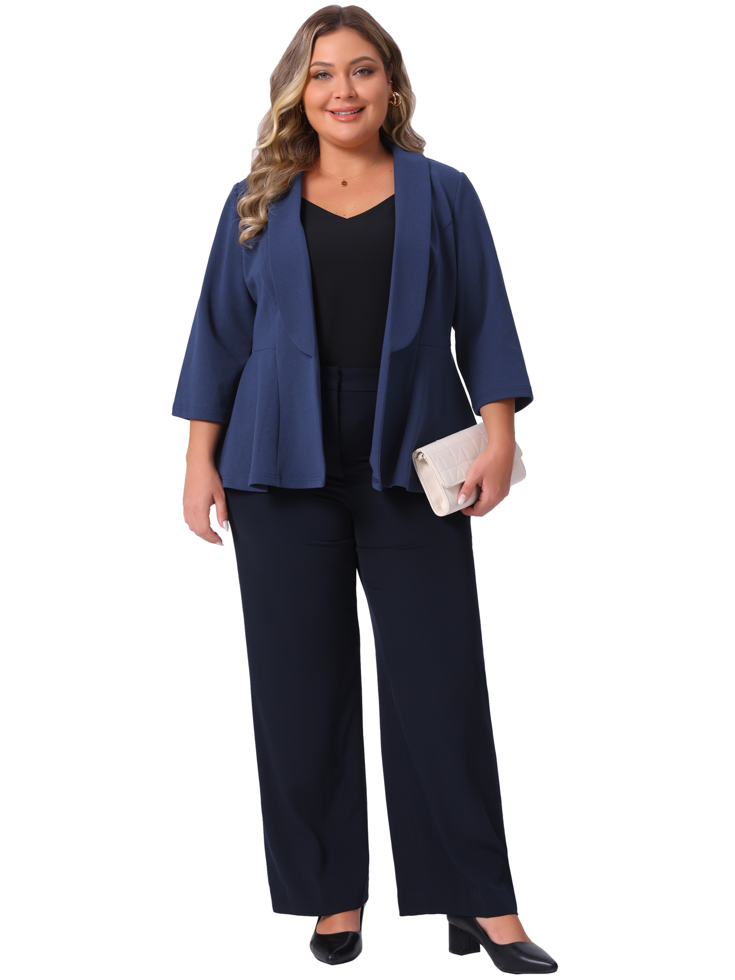 DARING DIVA Plus Size Blazer Sleeve Open Front Peplum Work Suit Jacket 3X Navy Blue