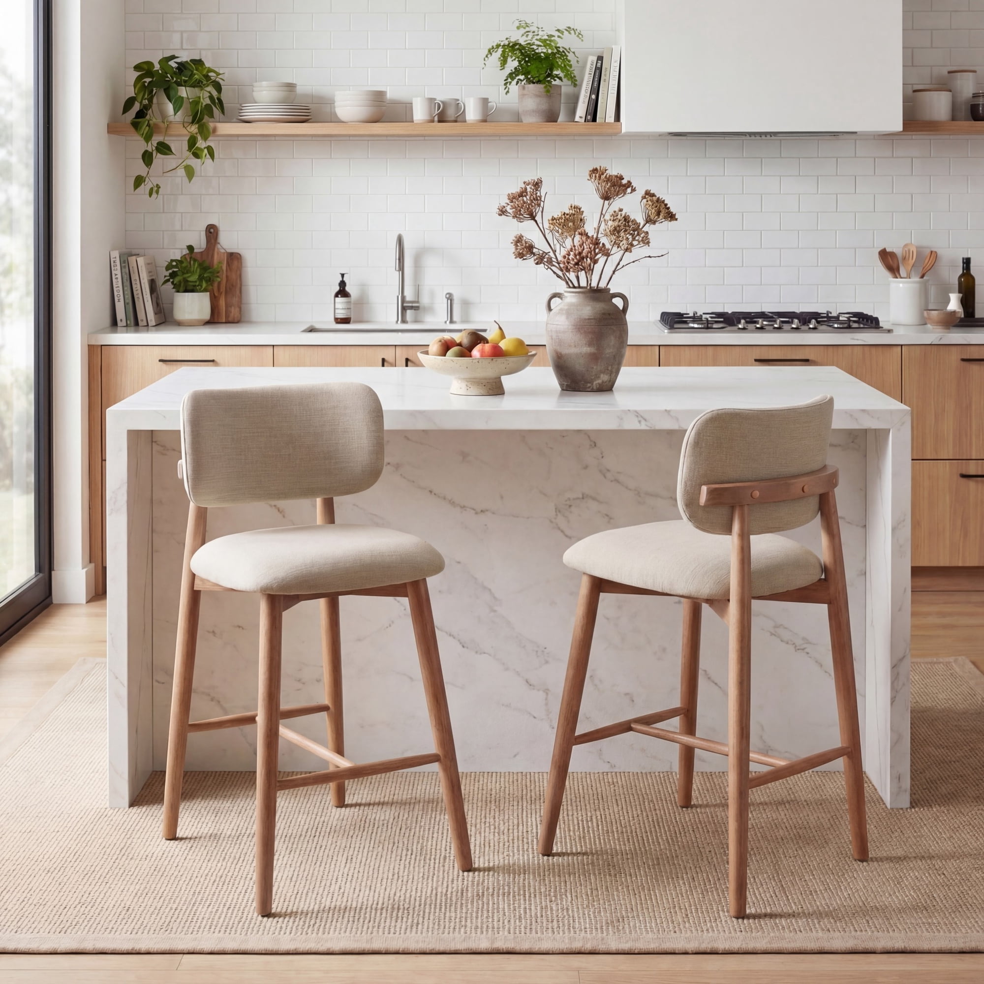 Christopher Knight Home 25.7" Modern Counter Height Bar Stools Set of 2, Rubberwood Frame, Beige+Natural