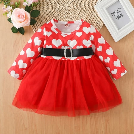 

Toddler Kids Baby Girls Long Sleeve Printed Love Mesh Casual Tulle Princess Dress