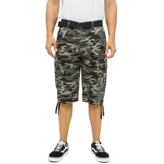 Ring of Fire Men's Belted 9" and 13" Inseam Twill Cargo Shorts Size 30 to 38 Black Camo-13" Size 36