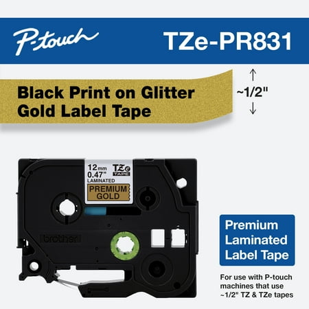 UPC: 0012502653882 | Brother P-Touch TZE-PR831 Black Print on Premium Glitter Gold Laminated Tape
