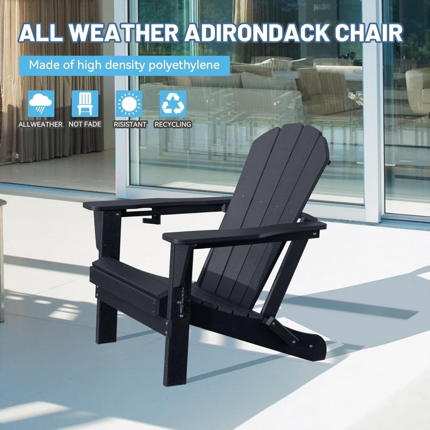 Folding Adirondack Chair, HDPE Outdoor Chair with Cup Holder, Weather Resistant Patio Chair with Wood Grain Finish for Lawn, Deck, Fire Pit, Black
