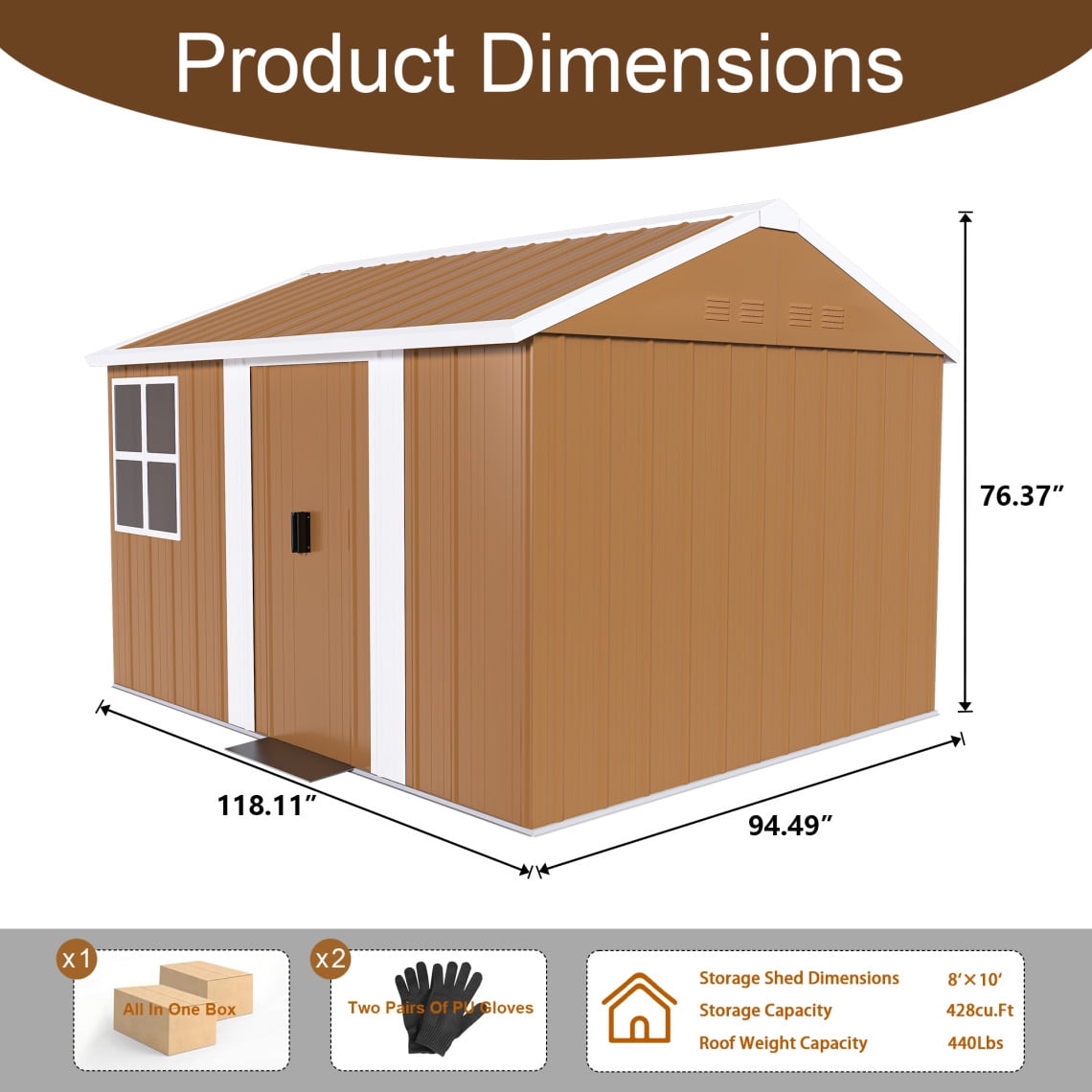 8X10 FT Outdoor Storage Shed, Metal Garden Tool Shed with Windows, Lockable Door & Ventilation, Weatherproof Bike Shed Pet Shelter for Backyard, Brown