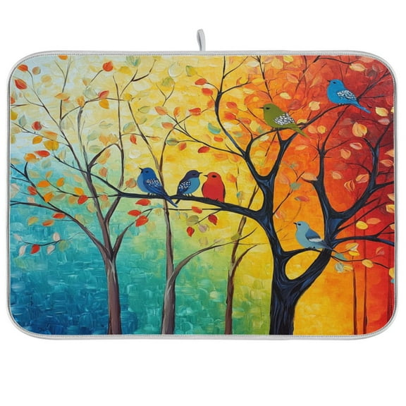 Kitchen Drying Mat 16x18In Drying Dish Mat Dish Drying Mats Kitchen Countertop Multi-Function Drain Drying Mat Kitchen Table Colorful Tree Bird