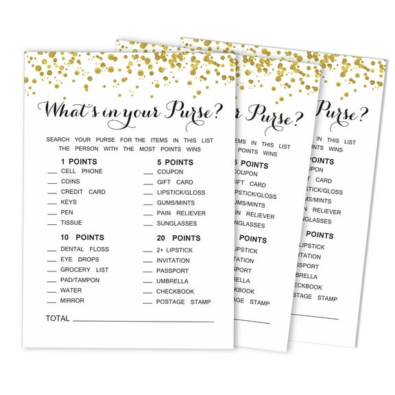 Inkdotpot 50-PackGold ConfettiWhats In Your Purse Bridal ShowerGameWedding Shower Bachelorette Party Bulk ActivityGameCards