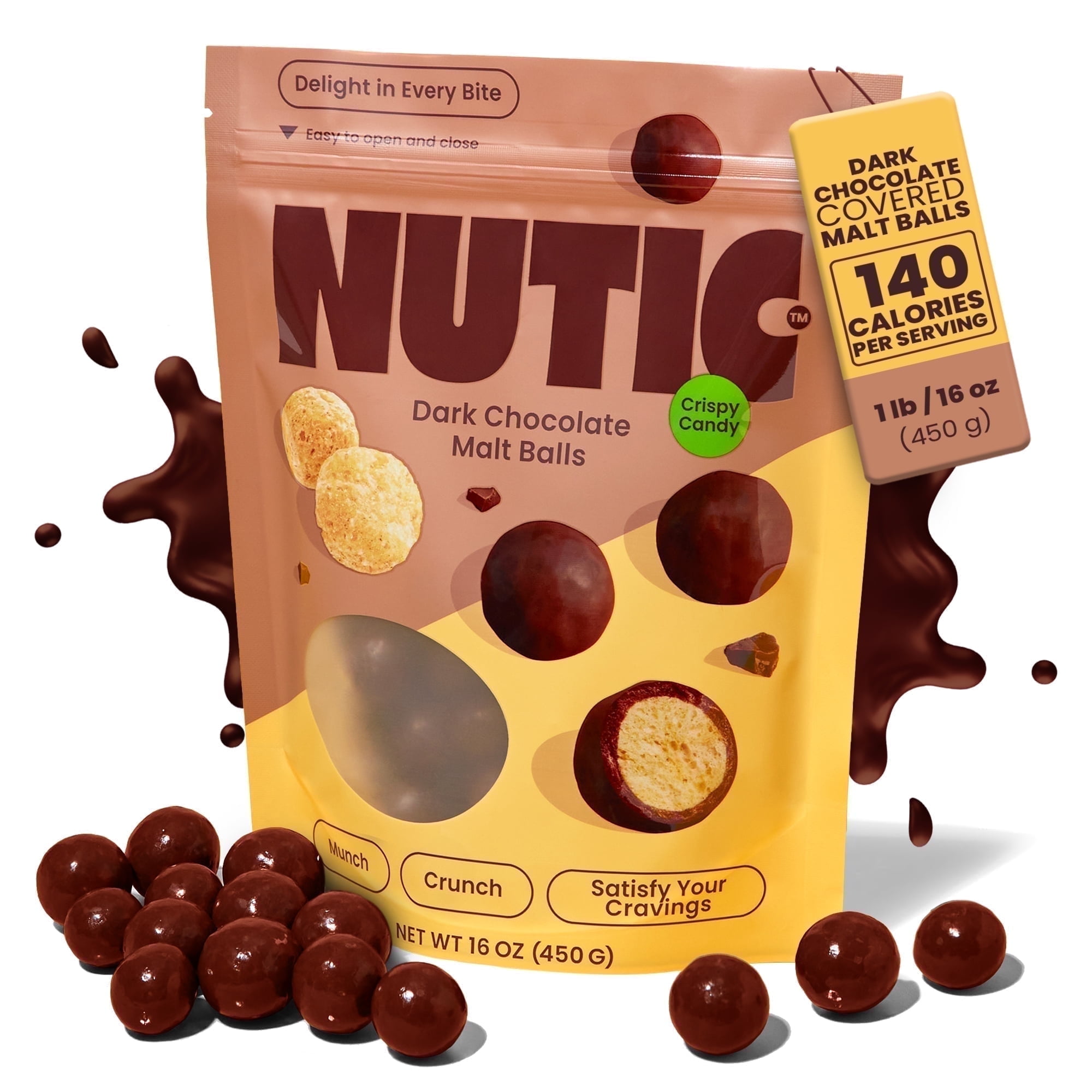 Nutic Dark Chocolate Malted Milk Balls - 1LB, Classic Treats for Holidays and Movie Nights, Luxurious Malt Balls Coated in Rich Dark Chocolate - Made in the USA - (Pack of 1)