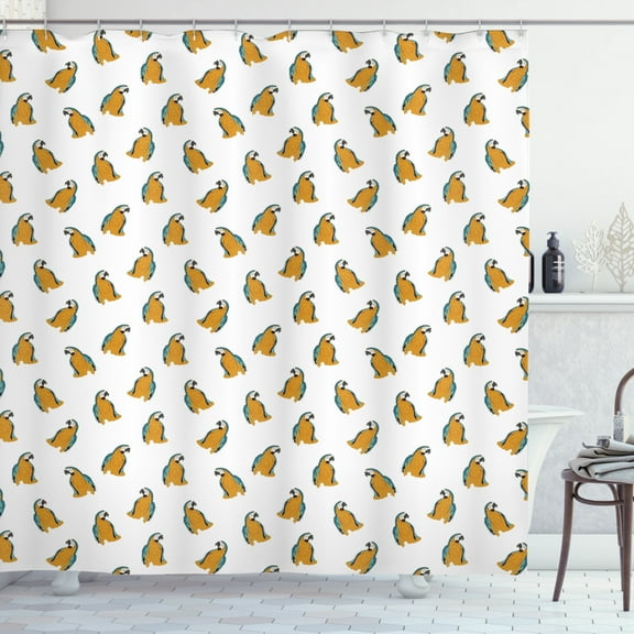 Yellow Bird Shower Curtain, Continuous Exotic Animal Pattern with Tropic Parrots, Fabric Bathroom Set with Hooks, 69W X 84L Inches Extra Long, Dark Yellow Cadet Blue, by Ambesonne