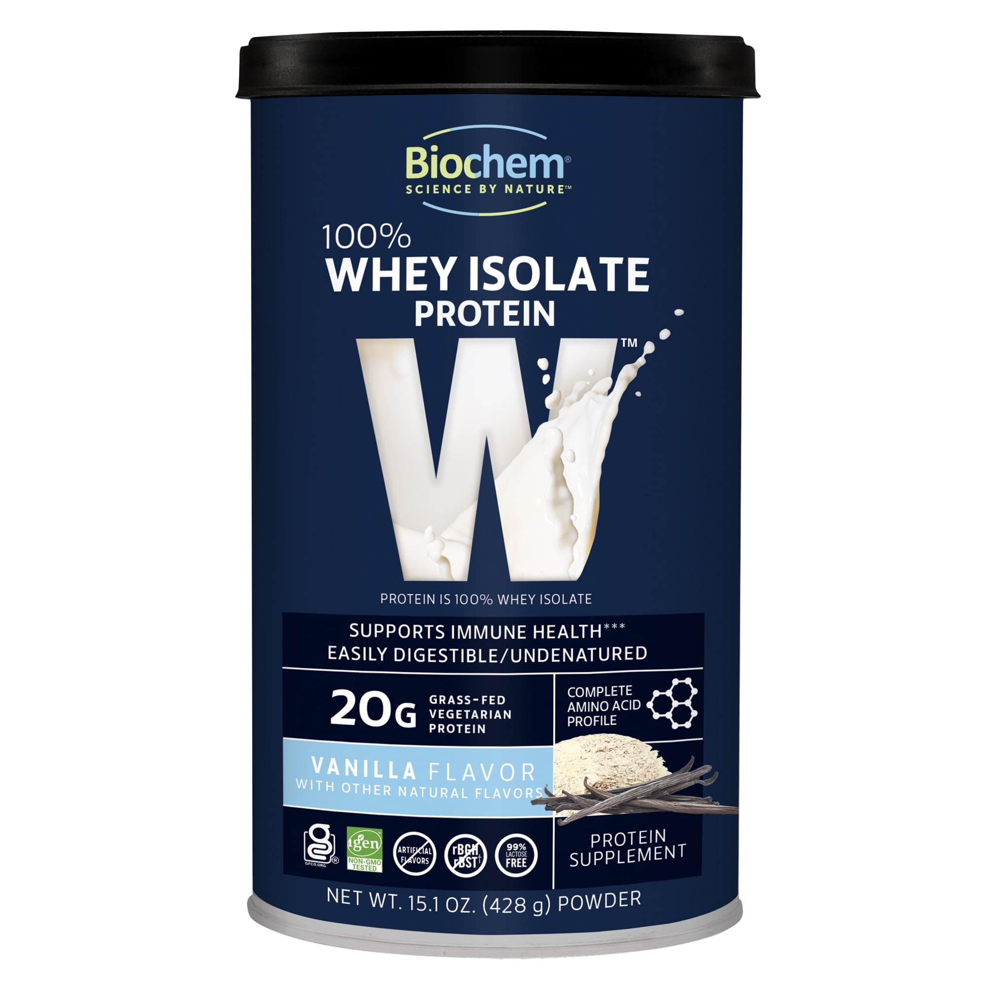 Biochem 100% Whey Protein Vanilla 20g, 15.1oz, Certified Vegetarian, Certified Gluten Free, Non-GMO, Grass-Fed