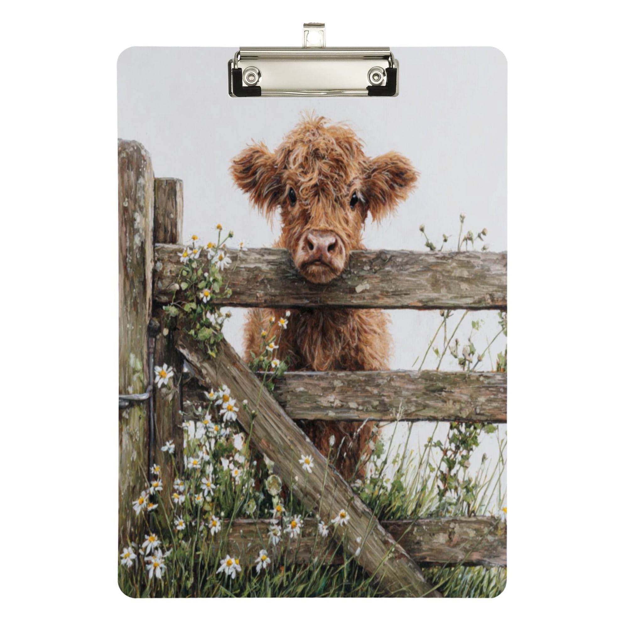 12.5 x 9 Acrylic Clipboard with Silver Clip & Retractable Hook for Office Classroom Home Cute Highland Cow Peeking