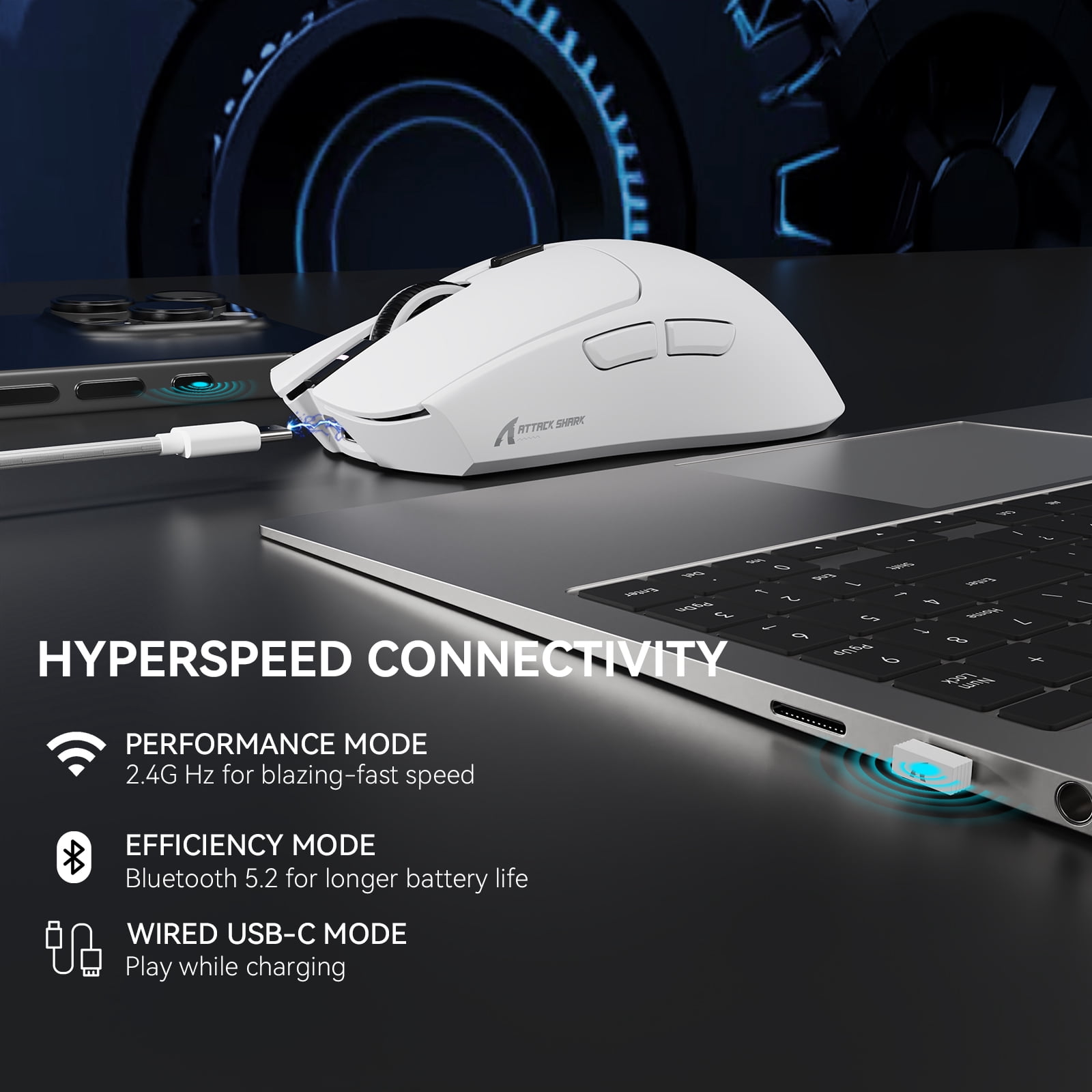 ATTACK SHARK X1 Gaming Mouse with Magnetic Charging Dock, PixArt PAW3395PRO Gaming Sensor, 40000DPI, BT/2.4G Wireless/Wired, 49g SUPERLIGHT Mouse, 100M Optical Microswitches for PC/Xbox/PS/Mac -White