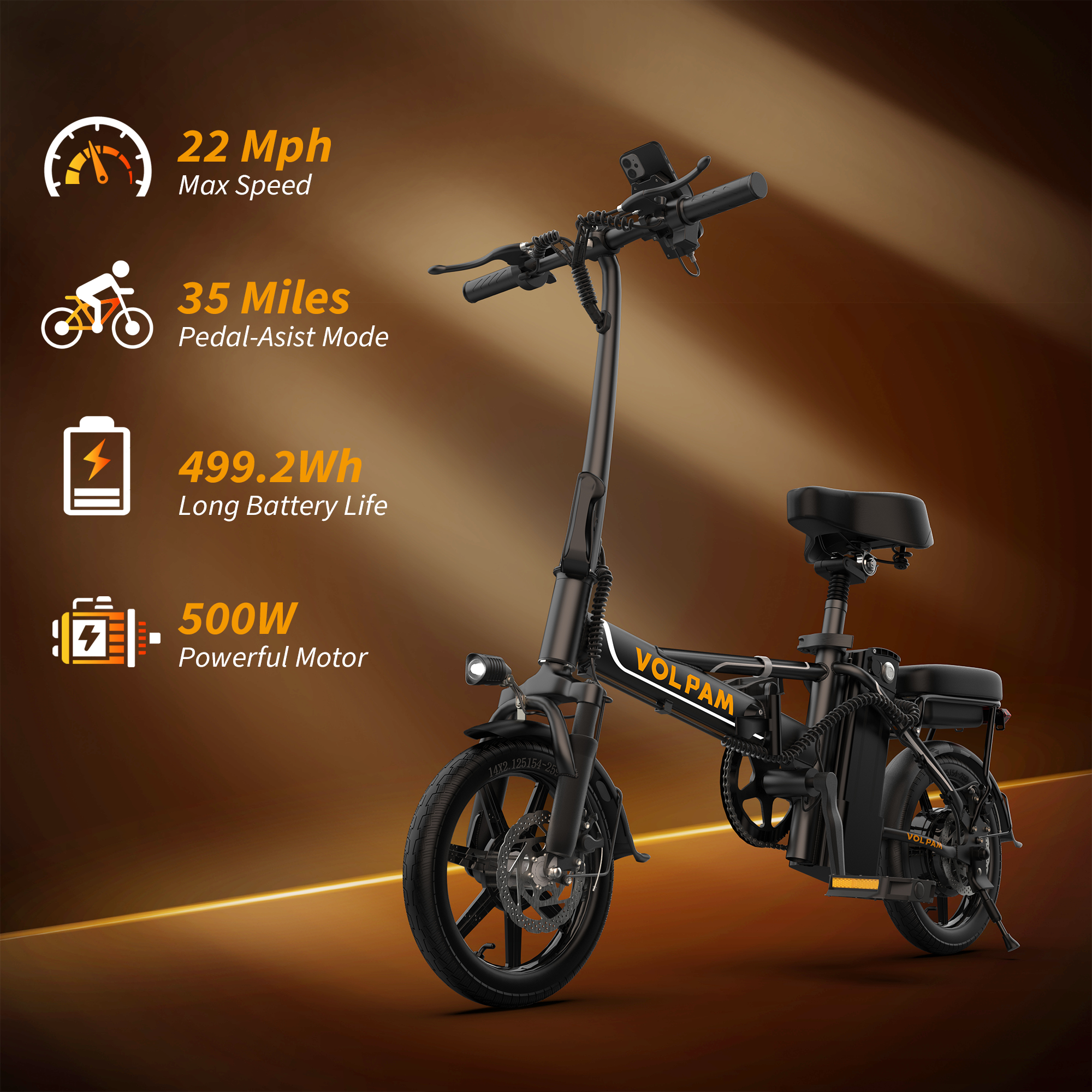 Electric Bike, 14" E-Bikes for Adults, 500W Electric Commuter Bicycle 48V 10.4 Ah Removable Battery, Max Speed 20Mph, Orange