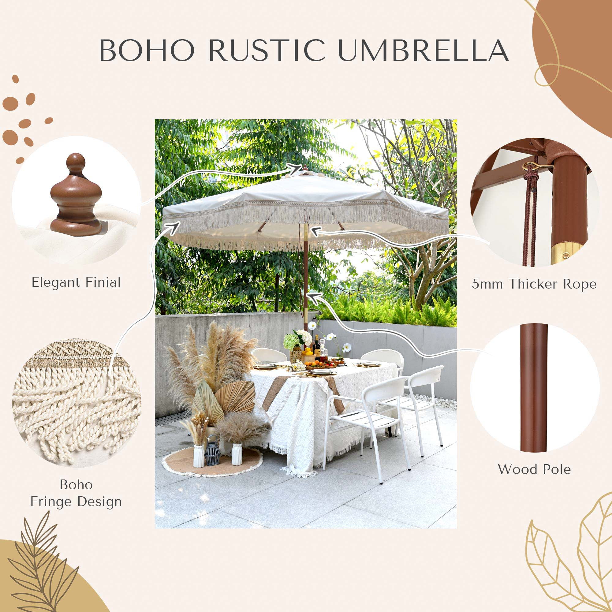 LAGarden BOHO 9' Fringe Patio Umbrella with Tassels UPF50+ Boho Style 5-Year-Non-Fading for Outdoor Yard Market Ivony Xchevron