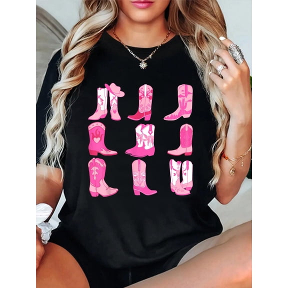Western Country Rodeo Pink Cowboy Cowgirl Boots Relaxed Fit Classic Comfort Cotton T-Shirt Women's Men's Graphic Tee Crew Neck summer vacation Tops