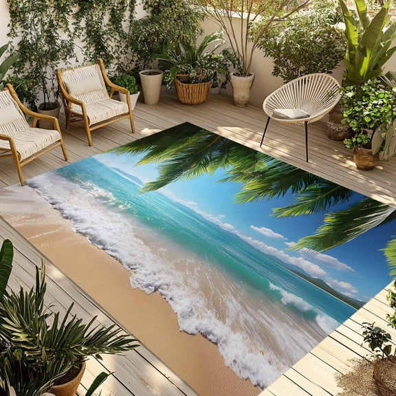Ocean Beach Outdoor Rug 3x5 Ft - Reversible Patio Rug Outdoor Camping Rugs, Palm Trees Summer Tropical Island Seaside Washable Indoor Outdoor Area Rugs, Non-Slip Outdoor Carpet Runner for Deck/Porch