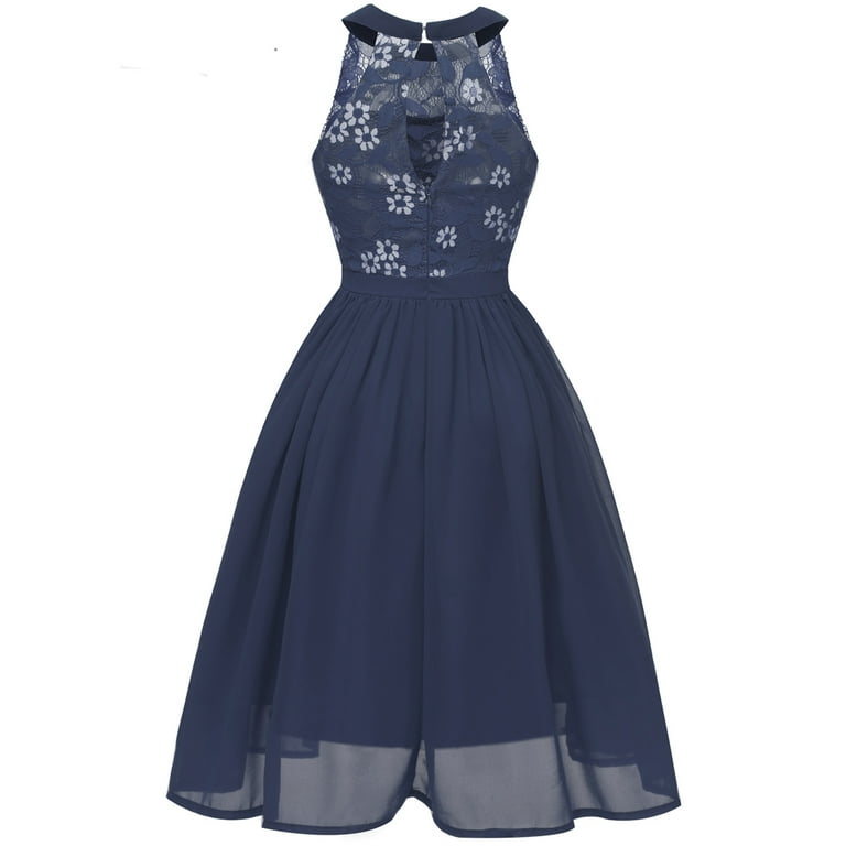 Jdlsppl Women's Midi Party Dress Ladies Vintage Chiffon Lace High Neck Knee  Length Sleeveless Illusion Billowy Ruffle Homecoming Pleated Dress Formal  ...