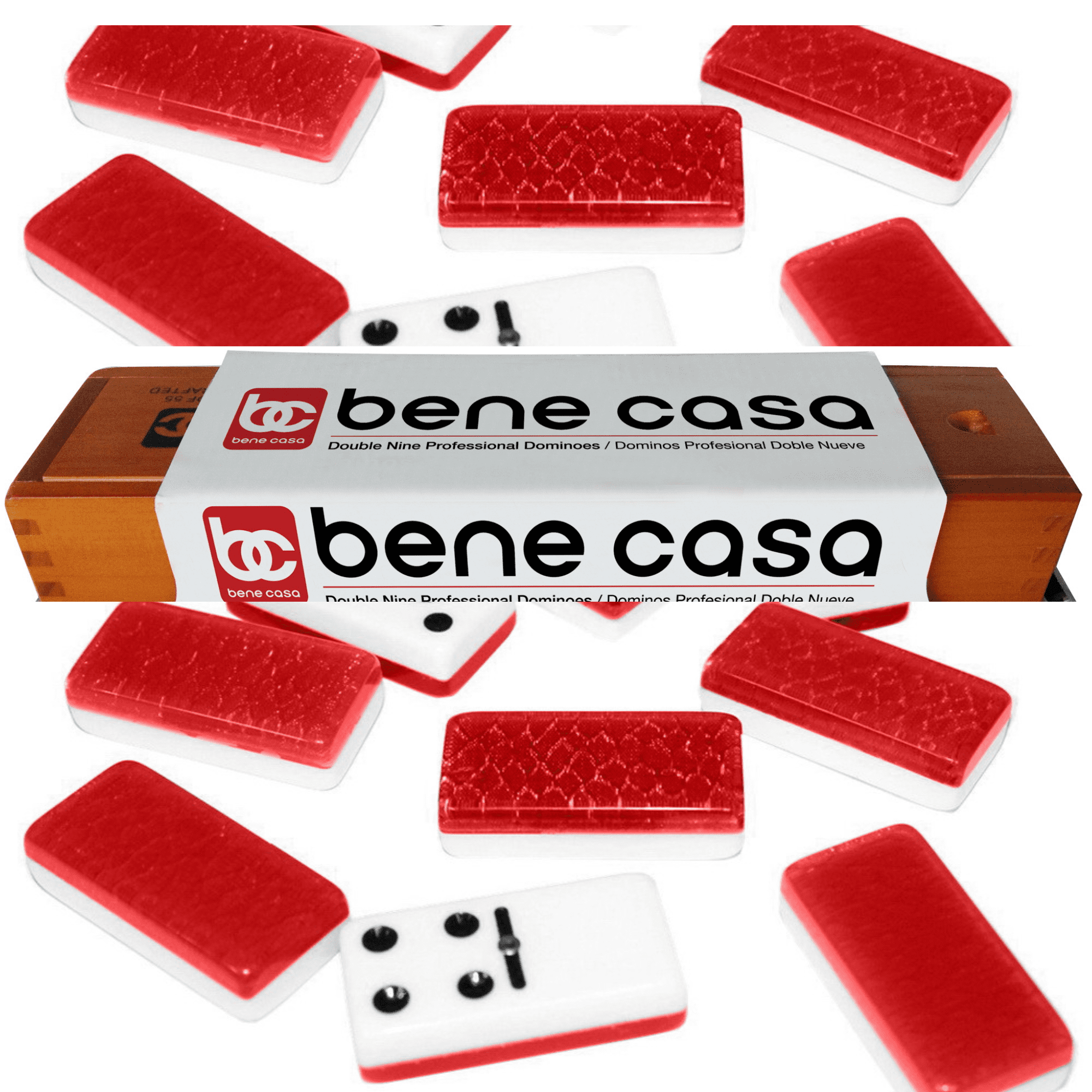 Bene Casa RED Double Nine High Glass Dominoes Set, Includes 55 Dominoes ,Comes in Natural Wooden Storage Box With Walnut Finish.
