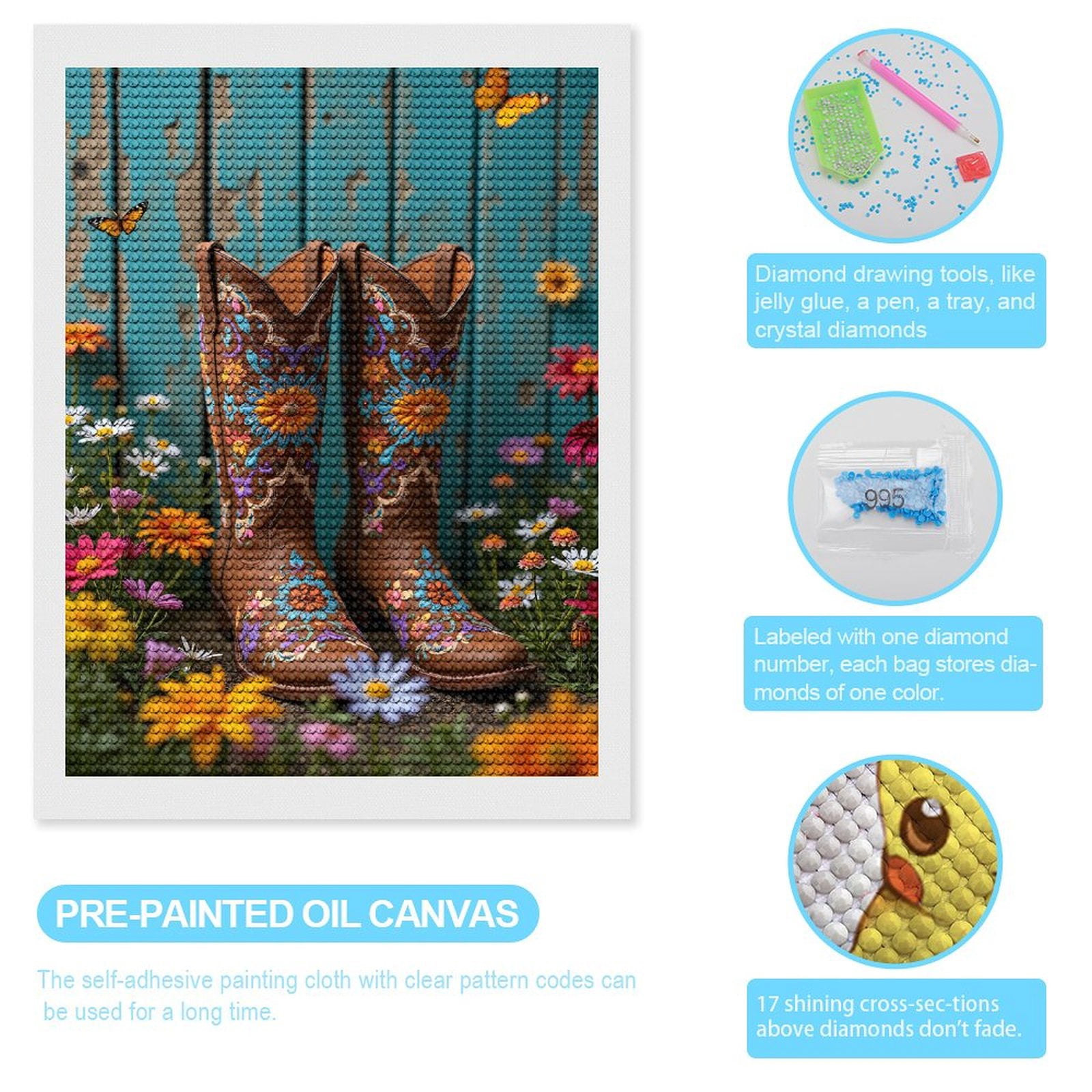 Diamond Art Kits for Adults, Rustic Boots Floral Design Garden 5D Diamond Painting Kits for Adults Beginners, DIY Full Drill Diamond Painting, Gem Art and Crafts 12x16