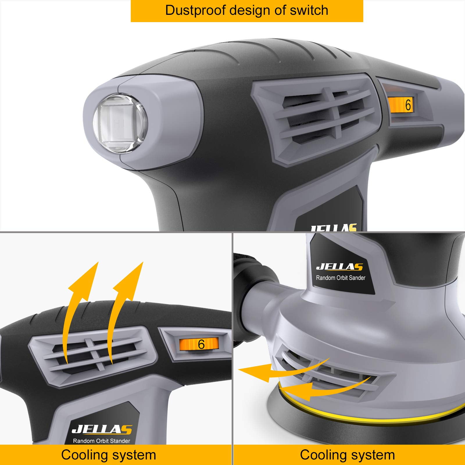 Jellas 5-Inch Random Orbital Sander with 18-Piece Sandpaper Set, 13000 RPM 6-Speed Adjustable Sander with High-Performance Dust Collection, Motor & Included Dust Bag for Flawless Wood Finishing