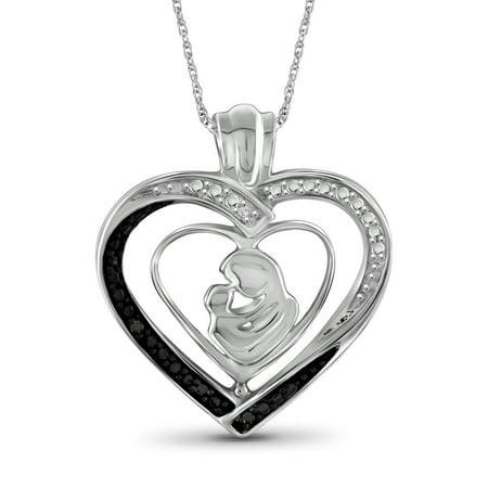 Black and White Diamond Accent Sterling Silver Mother and Child Heart Pendant