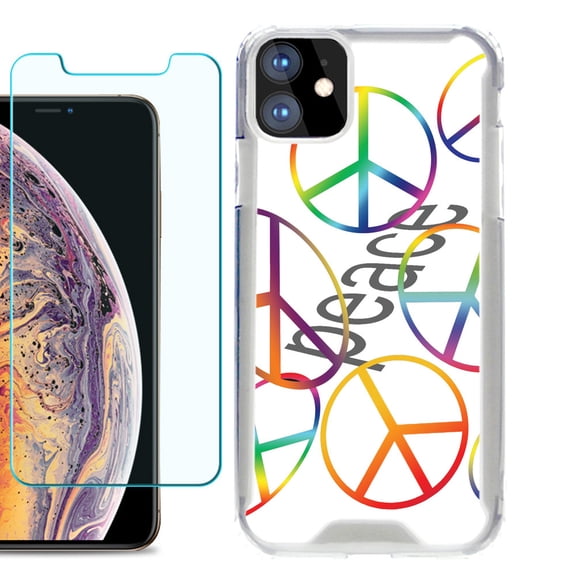 For Apple iPhone 11 Case, Hybrid Bumper Phone Case, with Tempered Glass Screen Protector, by OneToughShield ® - Colorful Peace