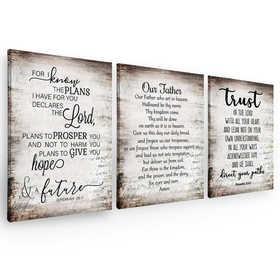Christian Our Father The Lords Prayer Wall-Art Decor Set of 3, Religious Inspirational Quotes Bible Verse Scripture Print Framed Canvas Painting Christian Prayer Room Office Church Decor