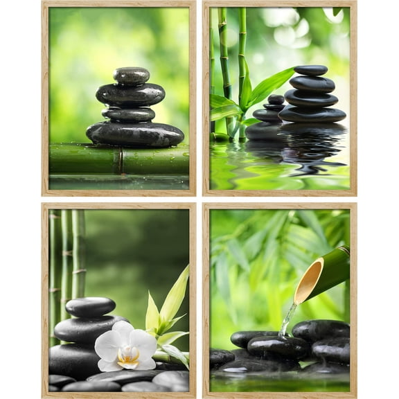 PixonSign Framed Wall Art Mediation Massage Stone Bamboo Forest Spa Posters, Set of 4 Nature Wilderness Photography Modern Art, Nature Minimalism Canvas Prints for Home Decor - 11"x14" Natural