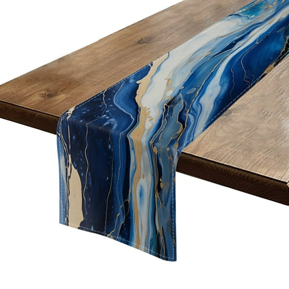 BaHomeck Table Runner 13*72 In,Set Of 1 Abstract Blue And White Marble Pattern With Gold Accents High Density Cotton Linens Machine Washable Table Runner For Kitchen Dining Table Coffee Table Decor