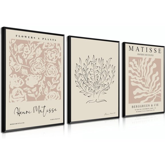 Matisse Aesthetic Canvas Wall Art Set of 3, Abstract Henri Matisse Beige Neutral Wall Home Decor Boho Flower Abstract Poster Prints, for Living Room Bedroom, 12x16 Framed