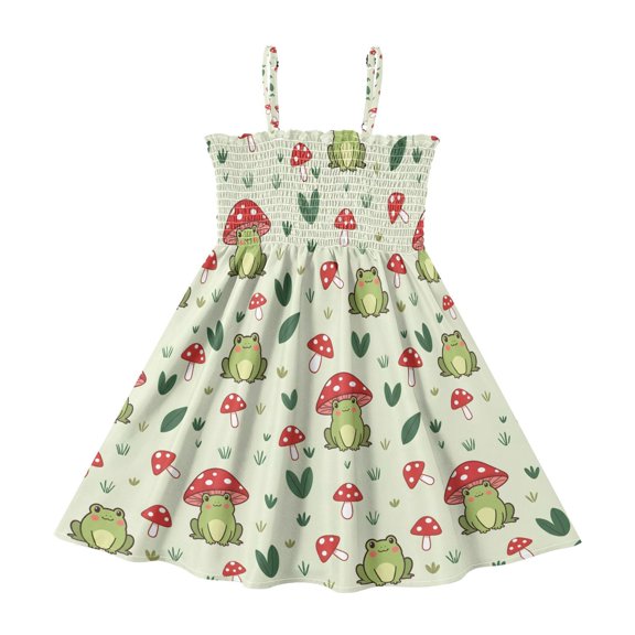 Summer Spaghetti Strap Red Mushroom Frog A Line Dress Casual Sleeveless Cami Sundress for Size 2-8 Years