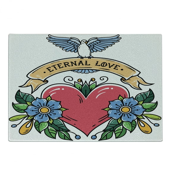 Old School Cutting Board, Heart Flowers and Open Winged Bird on Eternal Love Typographic Ribbon Image, Decorative Tempered Glass Cutting and Serving Board, in 3 Sizes, by Ambesonne
