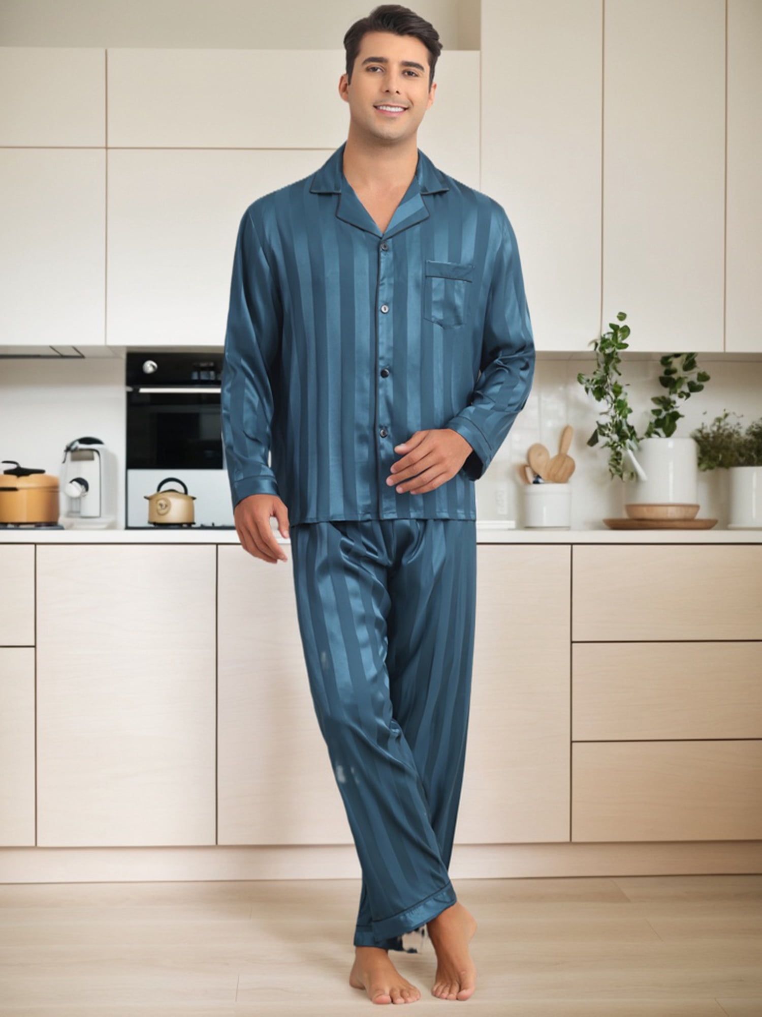 DARING DIVA Men's 2-Piece Long Sleeve Top And Pants Striped Pajama Set S Dark Blue