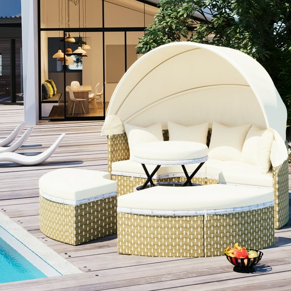 Luxury Outdoor Daybed , Sectional With Retractable Canopy, Adjustable Table, Beige For A Sophisticated Canopy Fastened By Straps And Foam Pillows