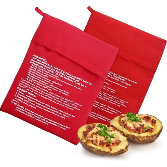 2 Pack Microwave Potato Bags for Baking Potatoes - Reusable Microwave Cooker for Fast Perfectly Cooked Yummy Potatoes, Red Baked Potato Pouch