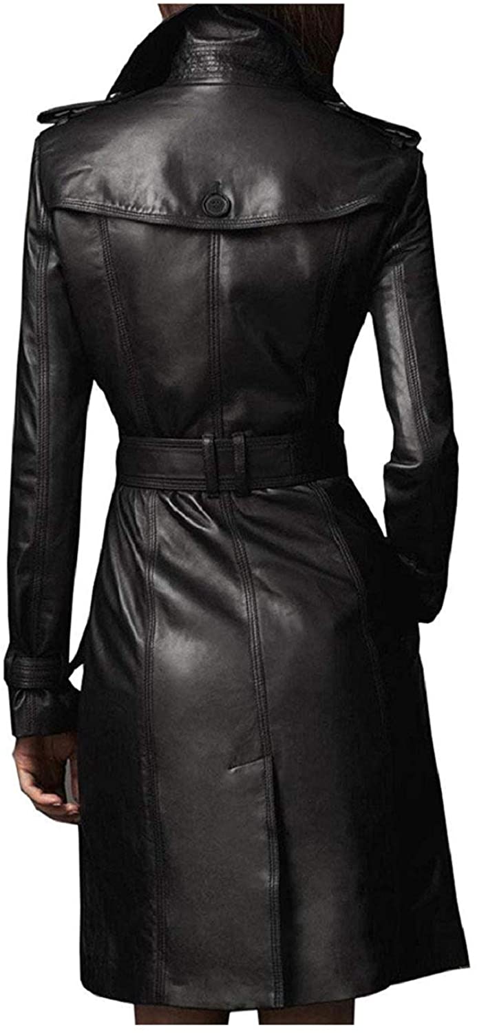 Outfit Craze Women Black Slim Fit Stylish Long Trench Real Leather Coat with Belted Closure (XL) - image 2 of 4