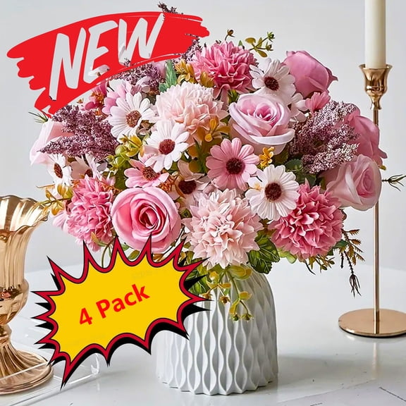 KOYPTL 4 Bouquet Spring Summer Fall Artificial Flowers Silk Fake Rose and Mums, Faux Floral Arrangements Home Indoor Outdoor Planter Decor Party Wedding Table Centerpiece Autumn Decoration