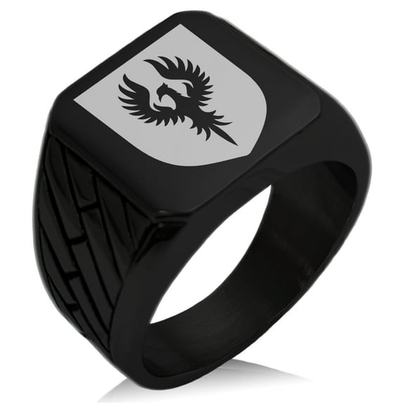 Stainless Steel Phoenix Resurrection Coat of Arms Shield Geometric Pattern Biker Style Polished Ring