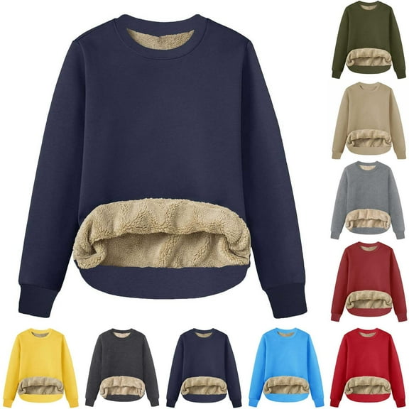 WMTBSRSW Women Winter Warm Pullover Fleece Lined Crewneck Sweatshirts Thicken Solid Casual Long Sleeve Tops Warm Going out Tops Navy Large