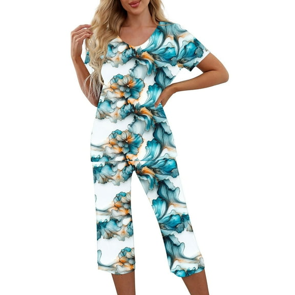 Capri Sets for Women 2 Piece Two Piece Sleepwear Short Sleeve Tie Dye Outfits Graphic Summer Set Womens Pajama Sets