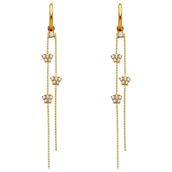 Solid 14k Yellow Gold Butterfly Dangle Earrings Huggies Hanging Chain CZ Stylish Polished Fancy 60 mm