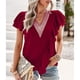 thumbnail image 4 of Camisa de manga corta para mujer, cuello en V profundo, empalme de encaje con volantes, Color puro, informal, suelta, Top de manga corta para mujer para verano, rojo vino M, 4 of 8