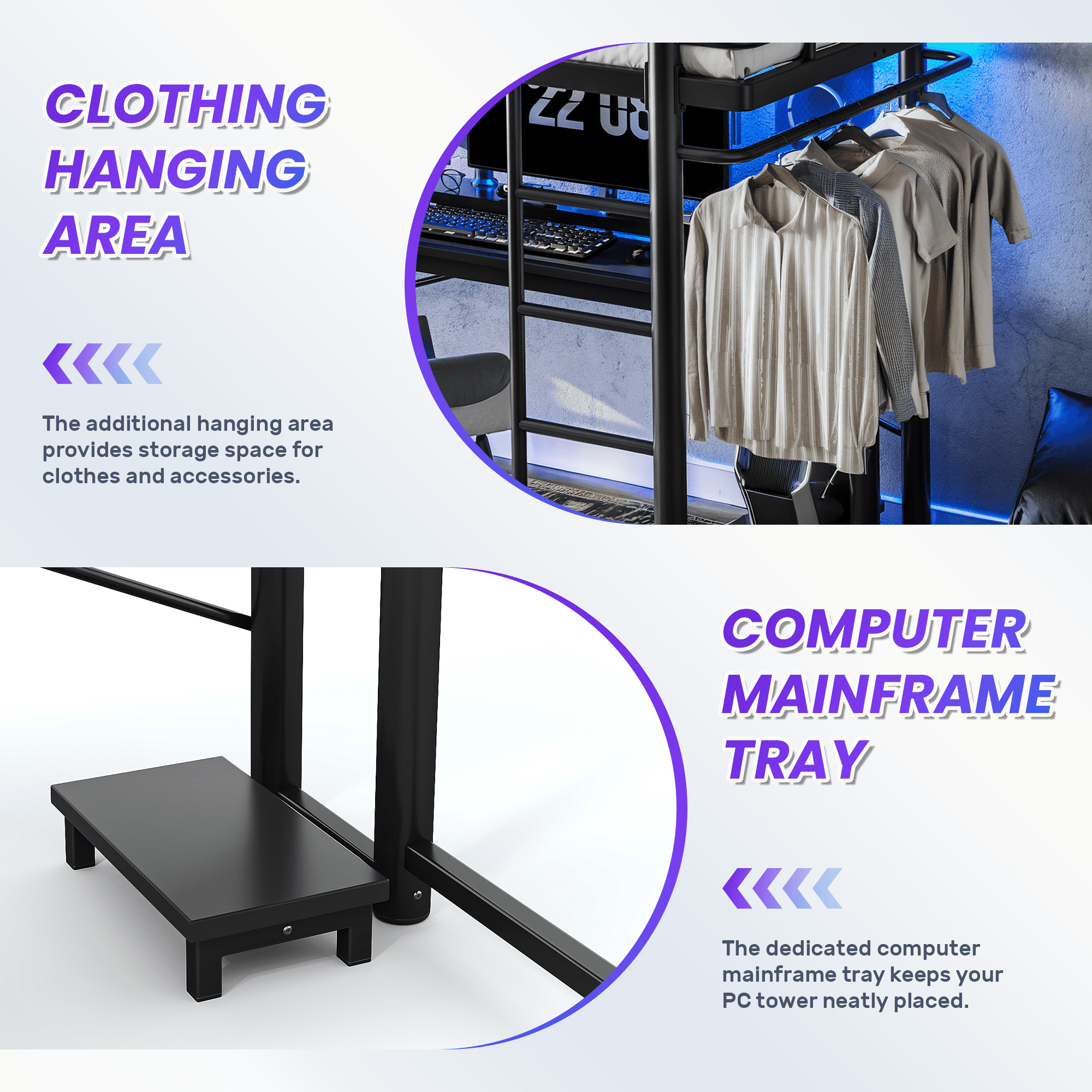 Leumius Queen Loft Bed Frame with L-Shaped Desk,LED Light Strip and Charge Station, Metal Loft Bed with Computer Mainframe Tray and Hanging Area, Special Round Pipe Design for Teens Adults Black