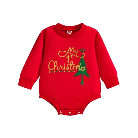 

Lumento Infant Cute Travel Jumpsuit Ribbed Xmas Bodysuit Casual Tree Print Romper Red 90cm