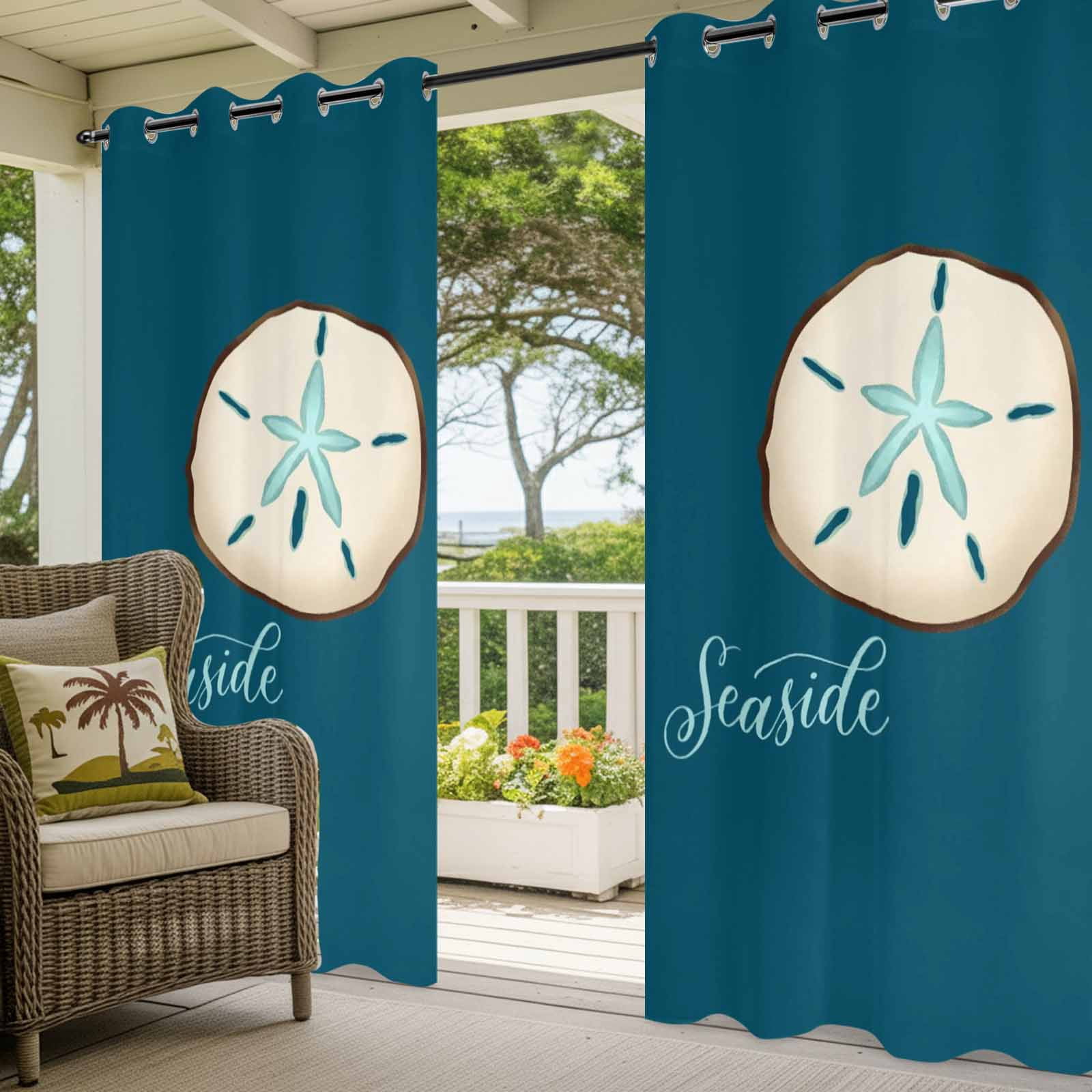 Seaside Shell Outdoor Curtains for Patio, Vintage White Shell Teal Green Texture Sunshade Privacy Drapes Grommet Waterproof Outside Curtains for Porch/Cabana/Balcony 54"x 108", 1 Panel