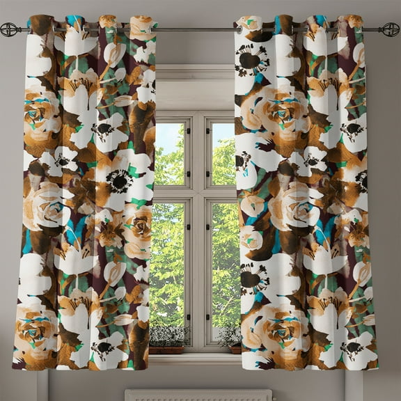 Ambesonne Earthy Flowers Grommet Curtain, Rose Anemone Detais, 50"x60", Ginger Chocolate White