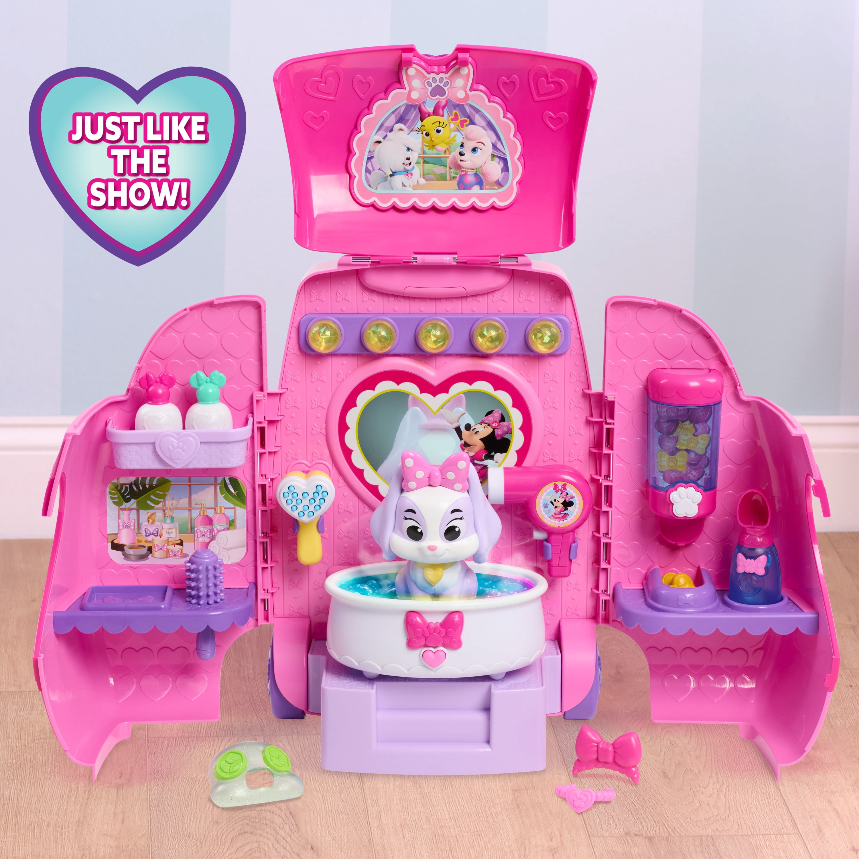 Disney Jr. Minnie Mouse Groom & Go Pet Salon Playset with Lights, Sounds, Role-Play Toy with 16 Accessories, and Cream Puff Figure, Ages 3 and up